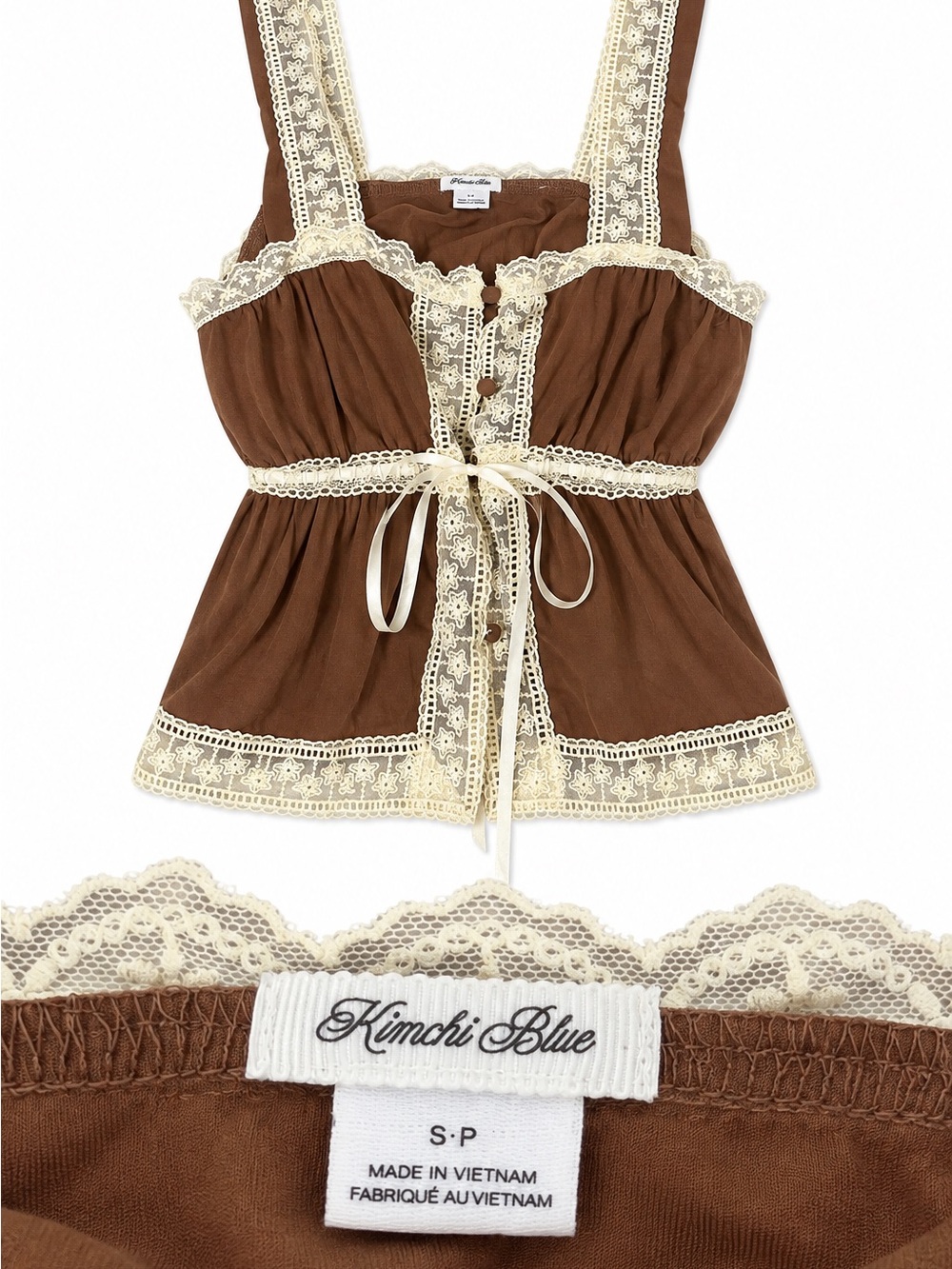 Kimchi Blue Brown Camisole with Cream Lace Trim